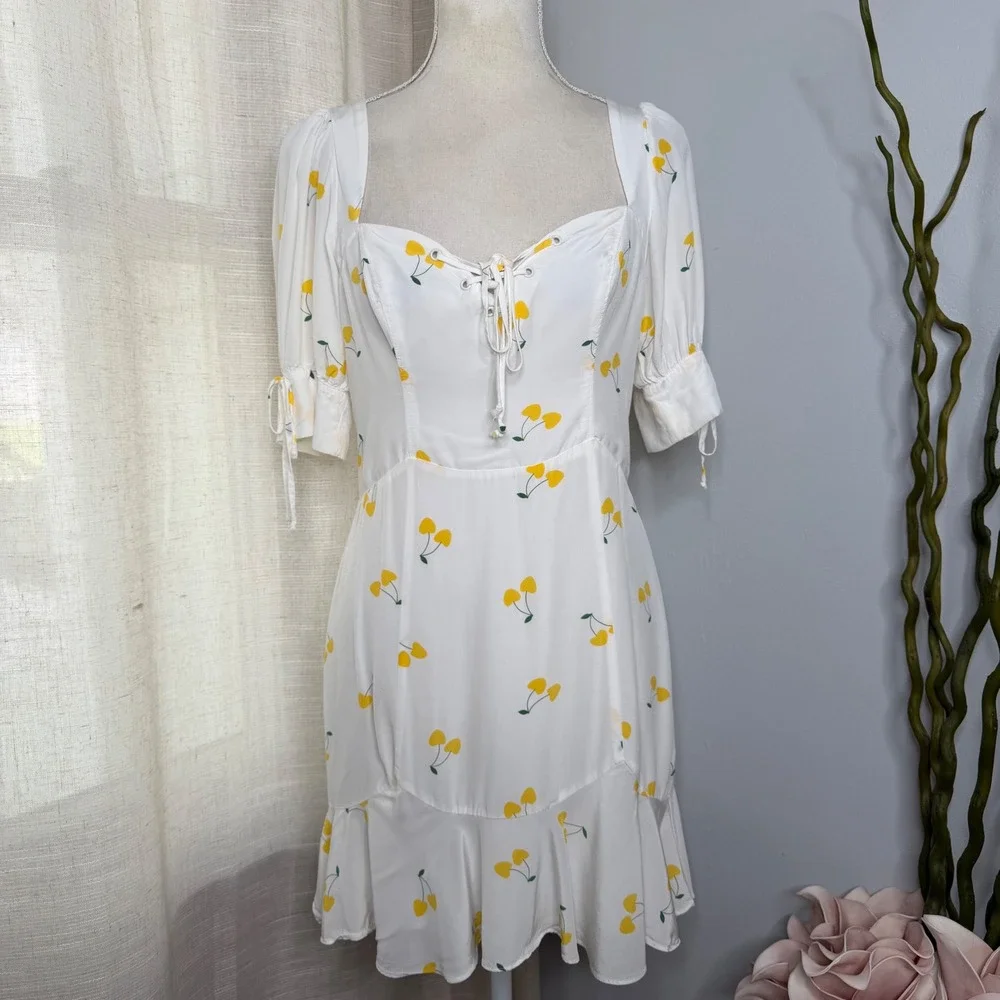 For Love & Lemons Ashland Cherry Print‎ Lace Up Ruffle Mini Dress White Medium
